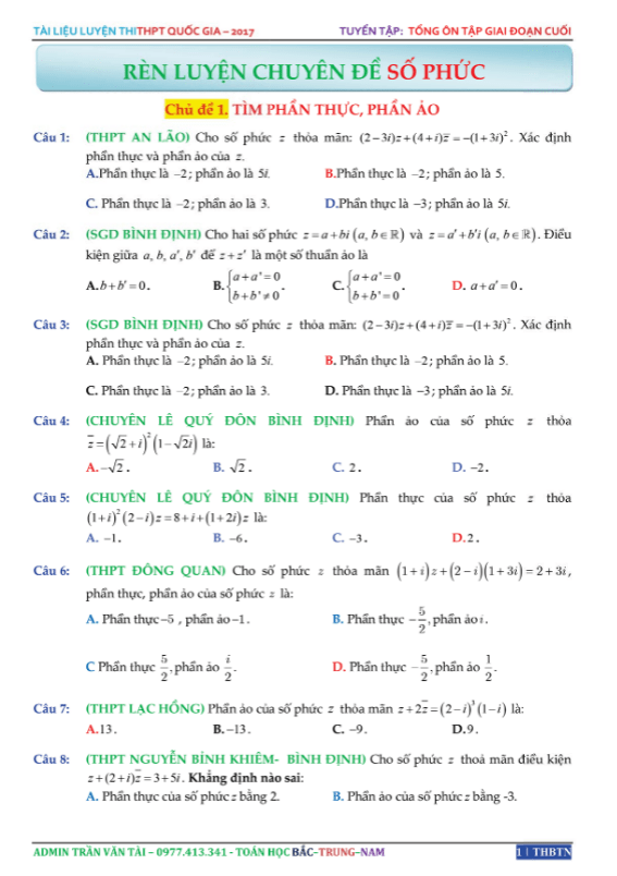 tuyển tập một số bài toán trắc nghiệm số phức trong các đề thi thử – trần văn tài