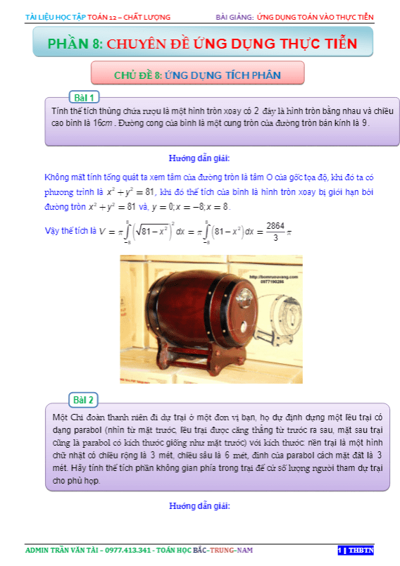 ứng dụng tích phân để giải bài toán thực tiễn – trần văn tài