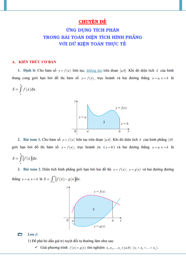 ứng dụng tích phân trong bài toán diện tích hình phẳng với dữ kiện toán thực tế